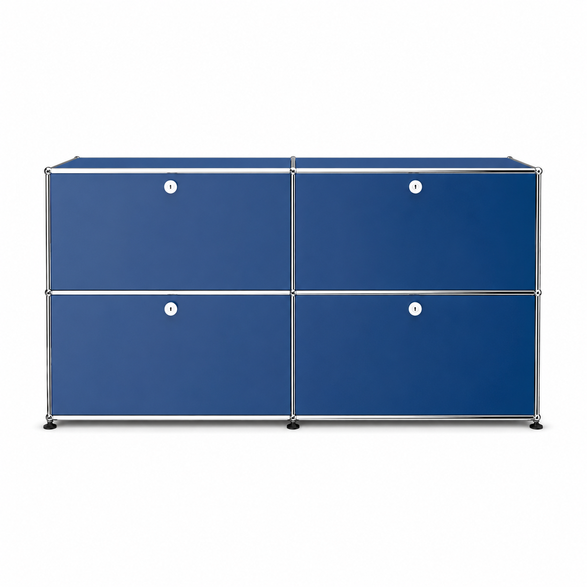USM Haller Credenza E2 in blue with chrome frame, four drop-down doors, and modular storage design shown from the front.