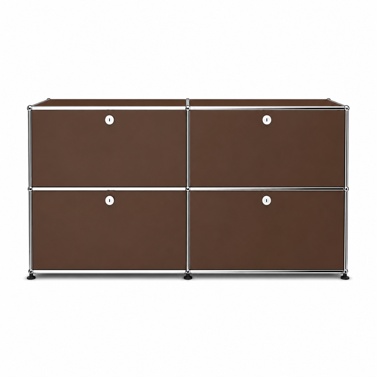 USM Haller Credenza E2 in brown with chrome frame, four drop-down doors, round lock details, and modern modular storage design on a white background