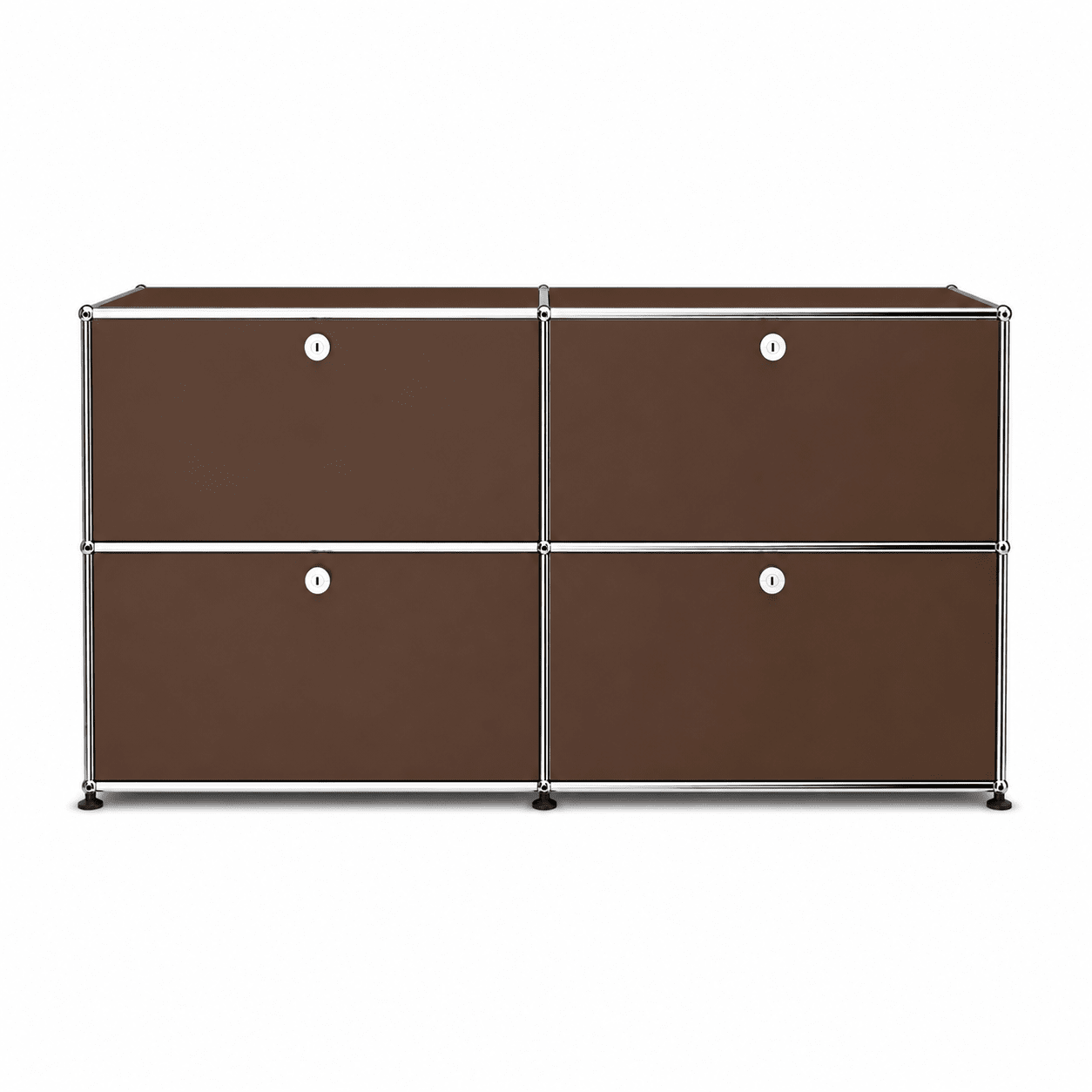 USM Haller Credenza E2 in brown with chrome frame, four drop-down doors, round lock details, and modern modular storage design on a white background