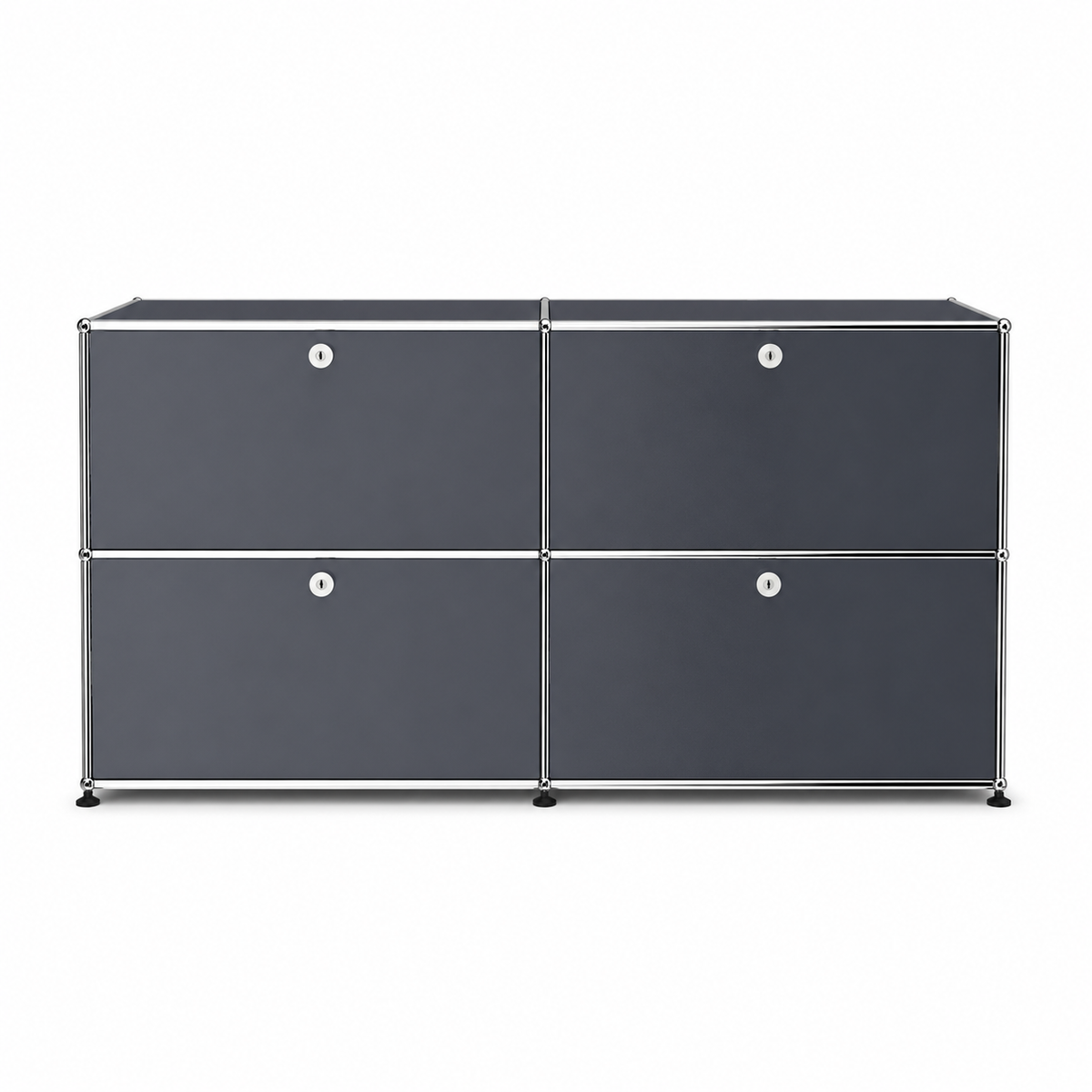 USM Haller Credenza E2 in dark gray with chrome frame, four drop-down doors, round lock details, and modern modular storage design on a white background
