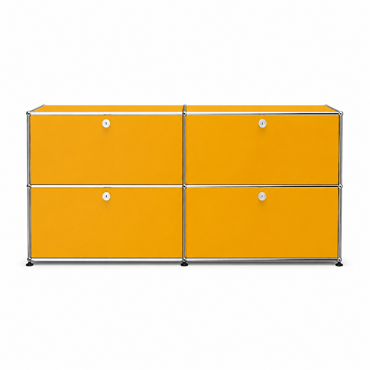 USM Haller Credenza E2 in golden yellow with four drop-down doors, chrome tube frame, and clean front view.