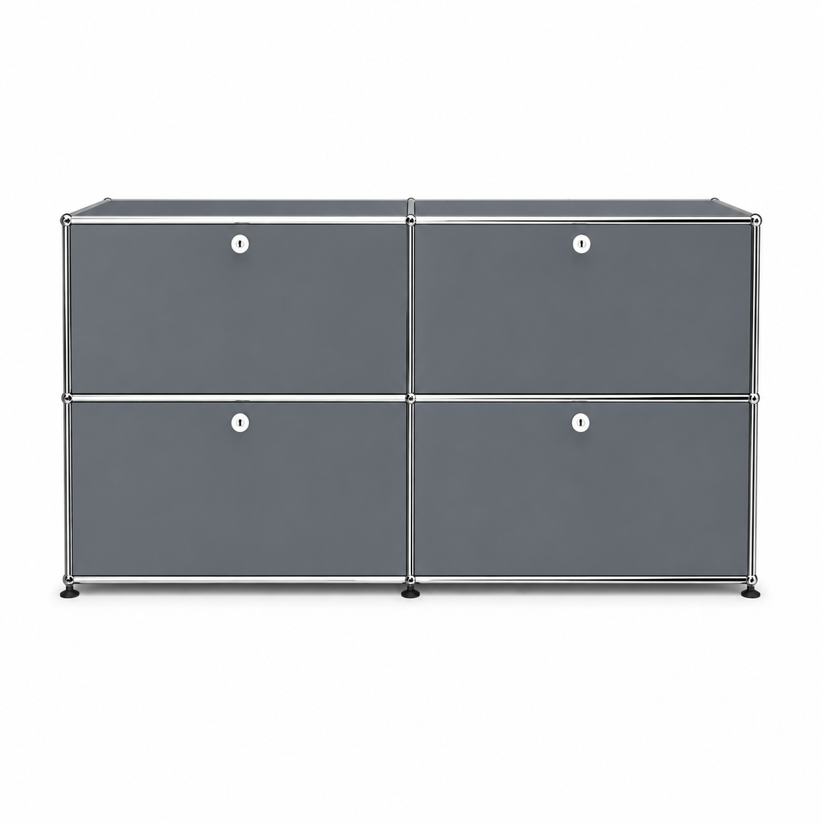 USM Haller Credenza E2 in gray with four drop-down doors, chrome frame, and modern modular storage design on a white background.