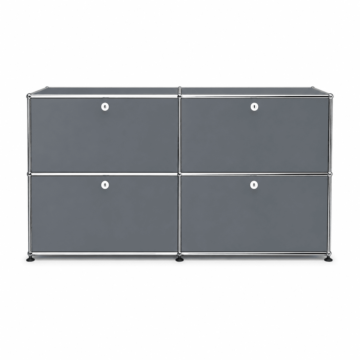 USM Haller Credenza E2 in gray with four drop-down doors, chrome frame, and modern modular storage design on a white background.