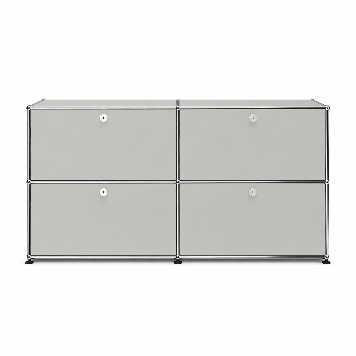 USM Haller Credenza E2 in light gray with chrome frame, four drop-down doors, round lock details, and modern modular storage design on a white background