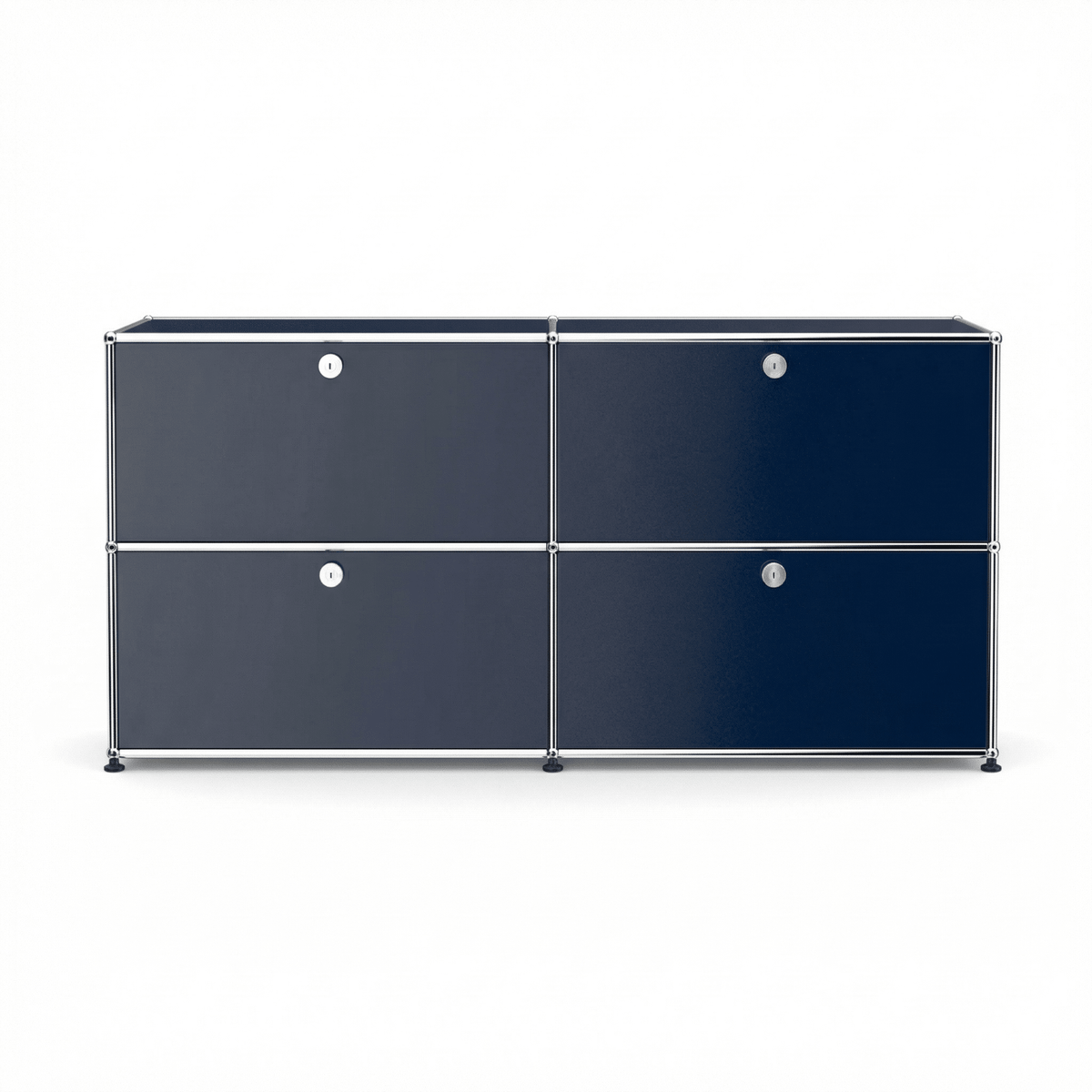 USM Haller Credenza E2 in navy blue with four drop-down doors, chrome frame, and modern modular storage design on a white background.