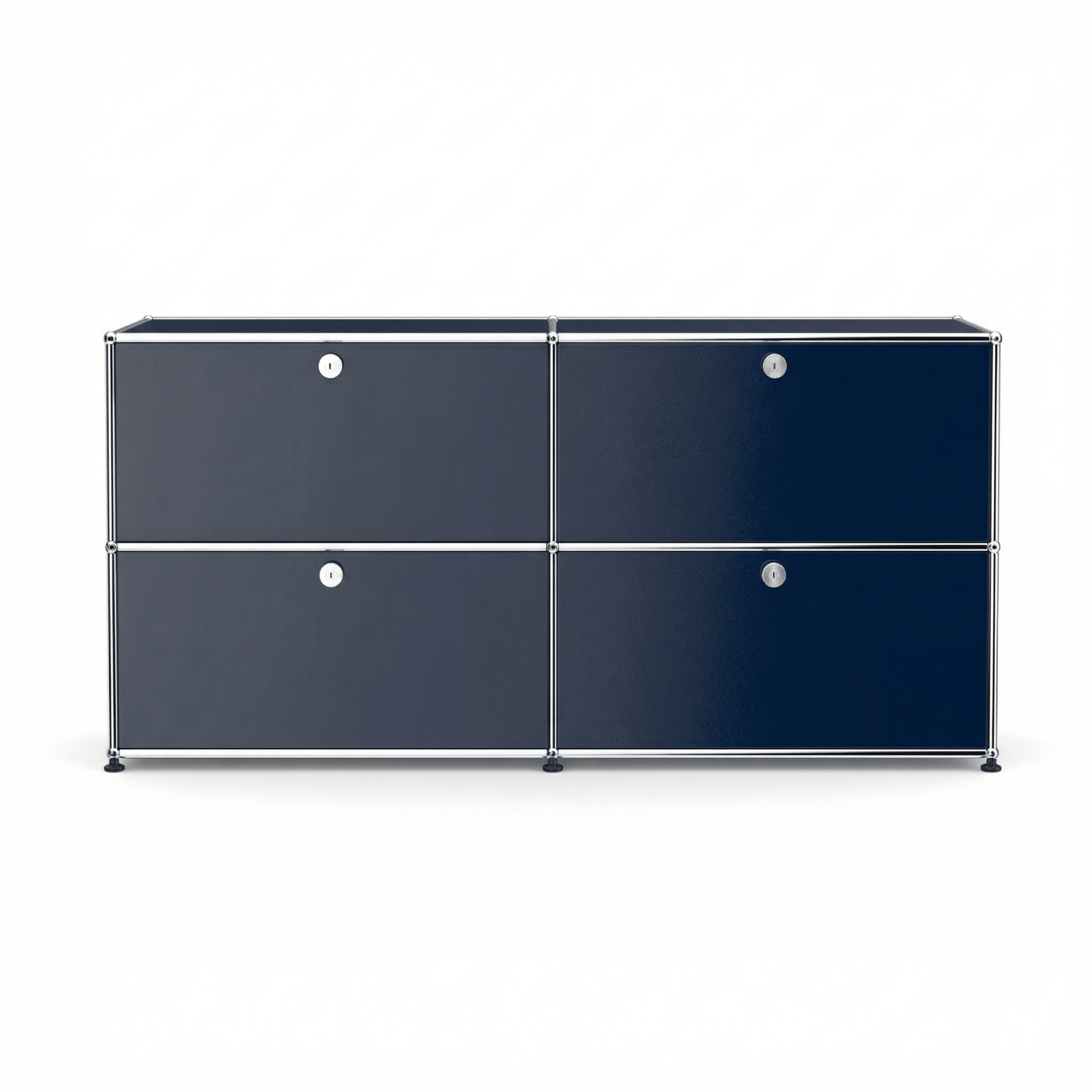 USM Haller Credenza E2 in navy blue with four drop-down doors, chrome frame, and modern modular storage design on a white background.