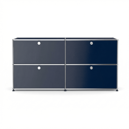 USM Haller Credenza E2 in navy blue with four drop-down doors, chrome frame, and modern modular storage design on a white background.
