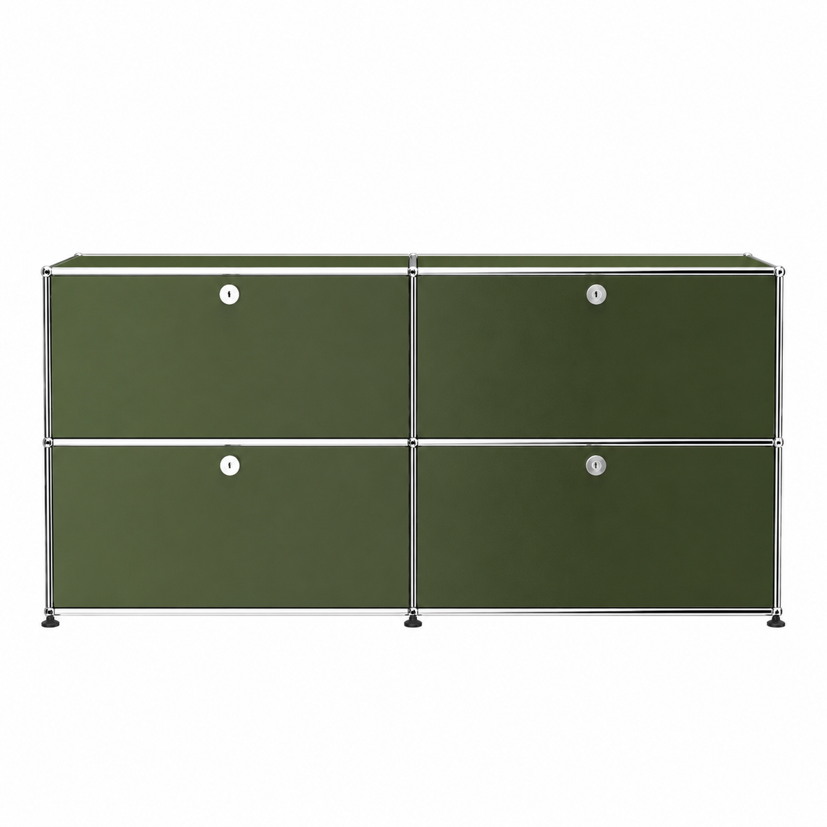 USM Haller Credenza E2 in olive green with chrome frame, four drop-down doors, round lock details, and modern modular storage design on a white background
