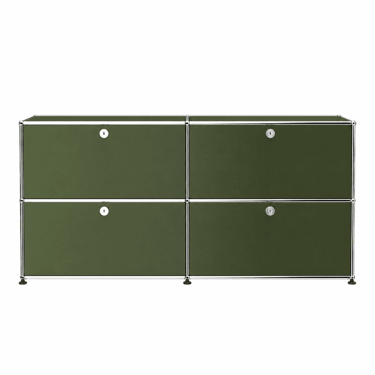 USM Haller Credenza E2 in olive green with chrome frame, four drop-down doors, round lock details, and modern modular storage design on a white background