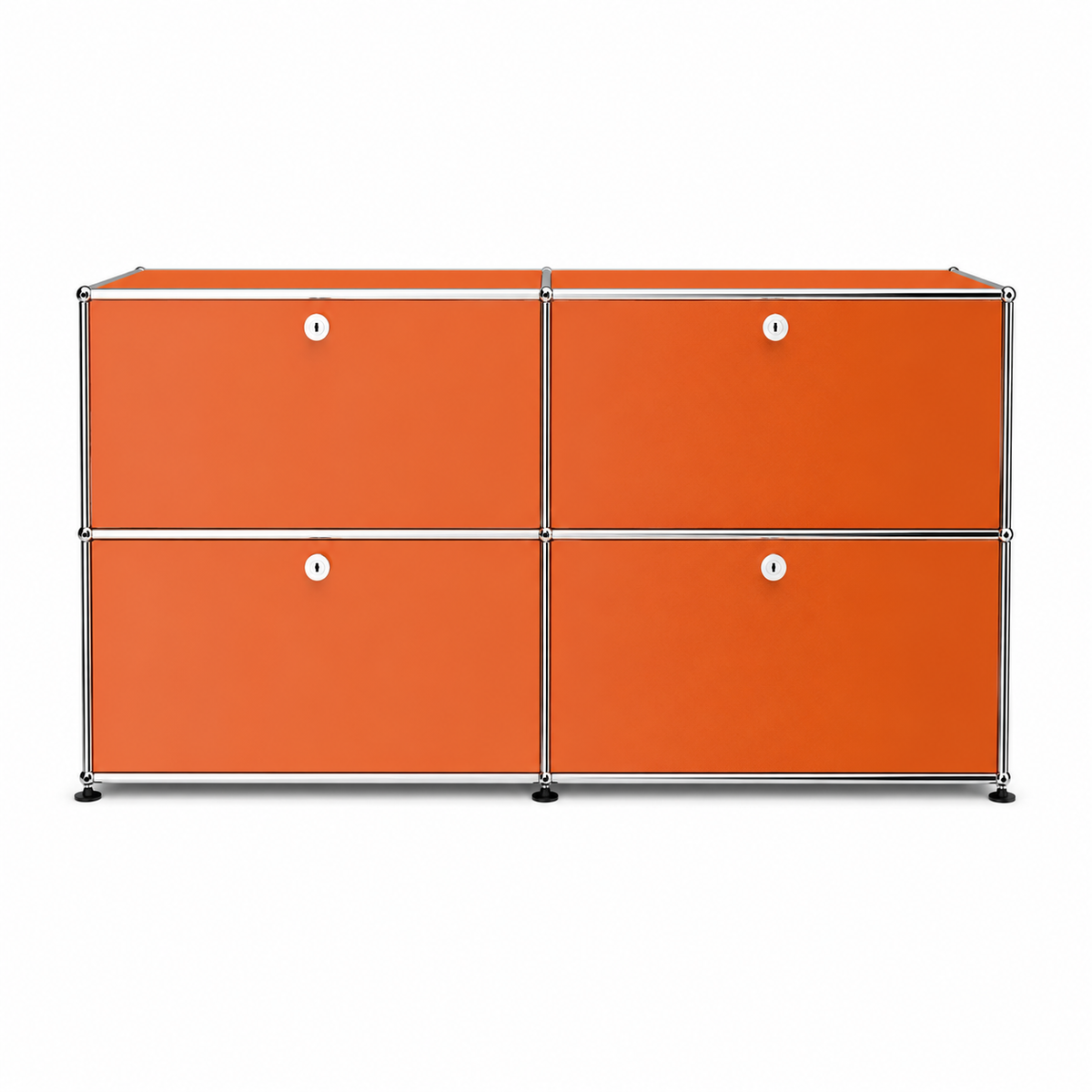 USM Haller Credenza E2 in orange with chrome frame, four drop-down doors, round lock details, and modern modular storage design on a white background