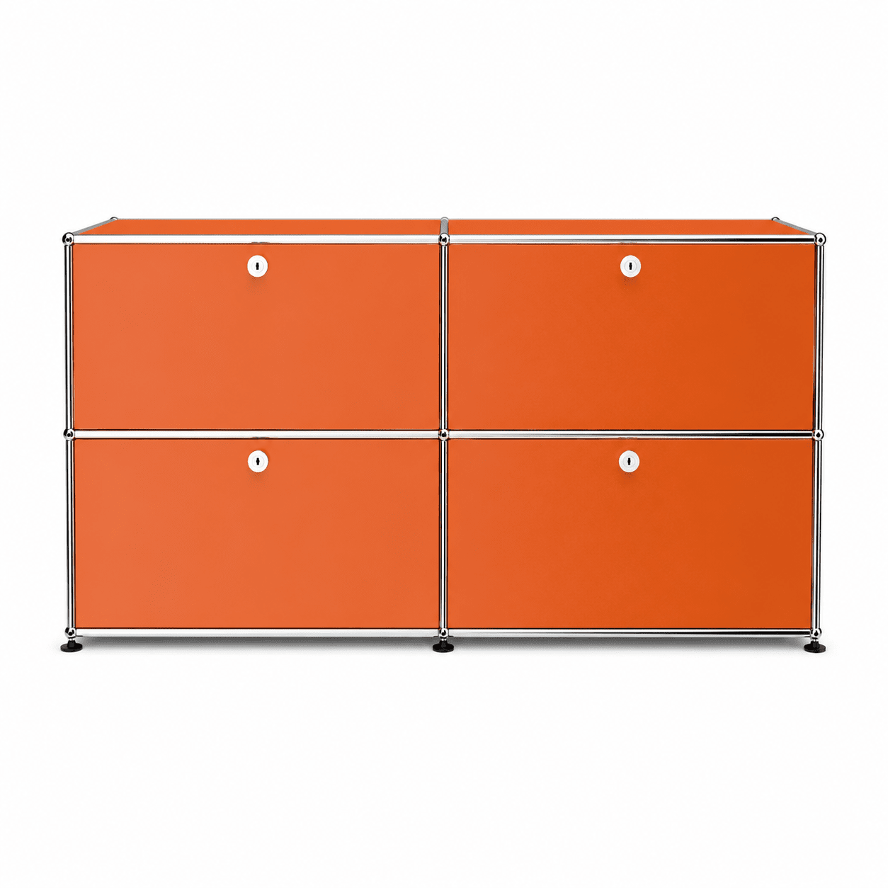 USM Haller Credenza E2 in orange with chrome frame, four drop-down doors, round lock details, and modern modular storage design on a white background