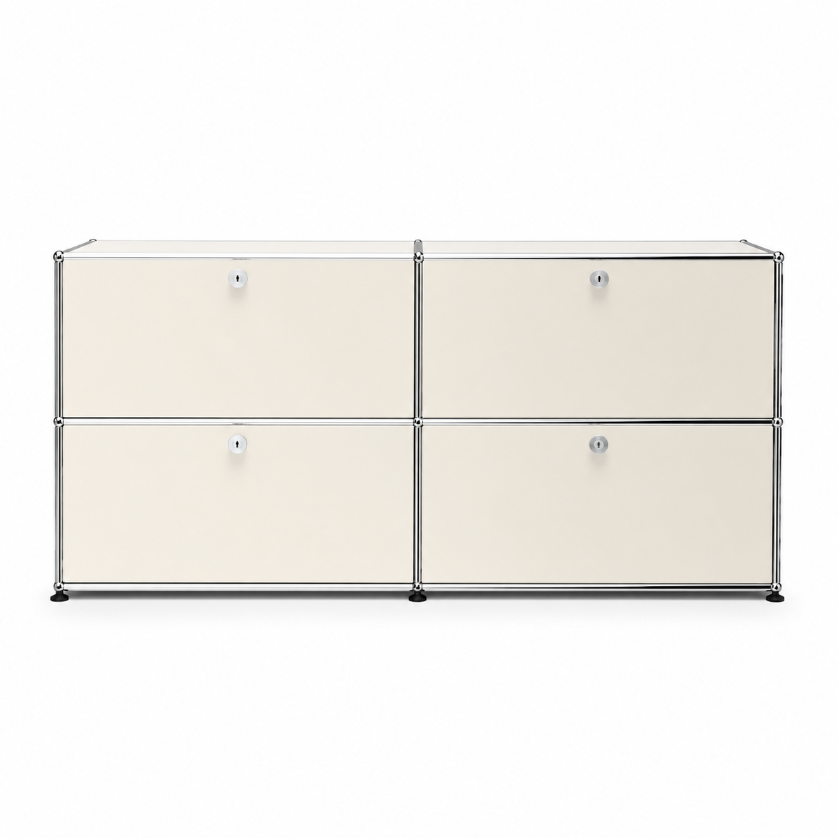 USM Haller Credenza E2 in pure white with four drop-down doors, chrome tube frame, and clean front view on a white background.