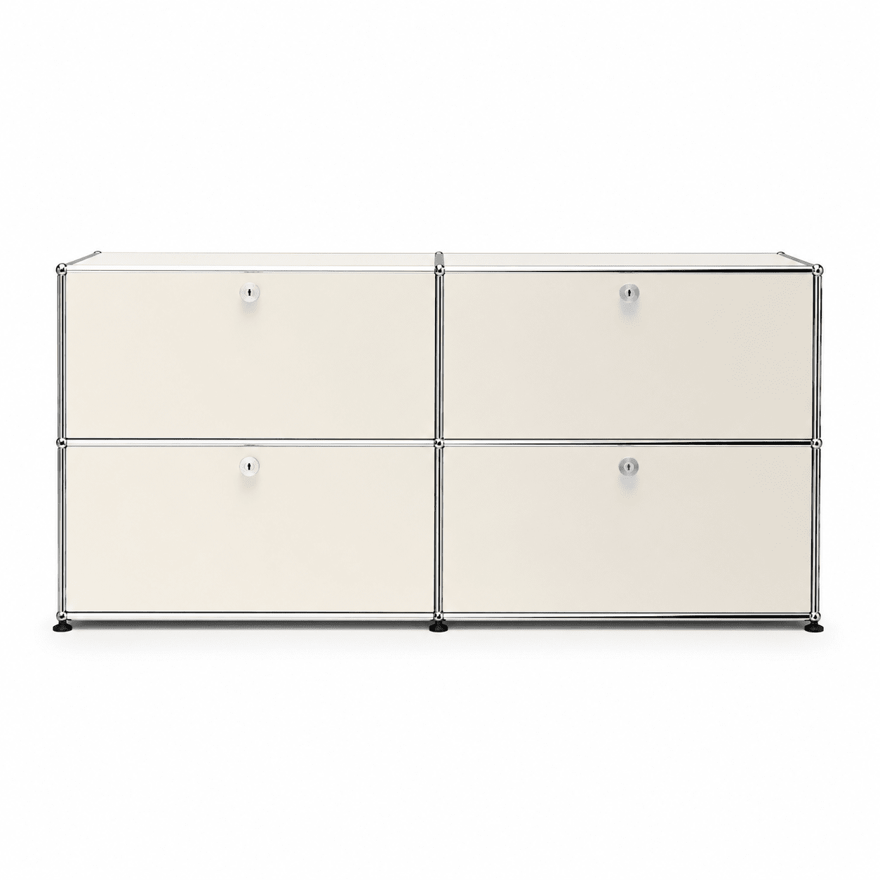 USM Haller Credenza E2 in pure white with four drop-down doors, chrome tube frame, and clean front view on a white background.
