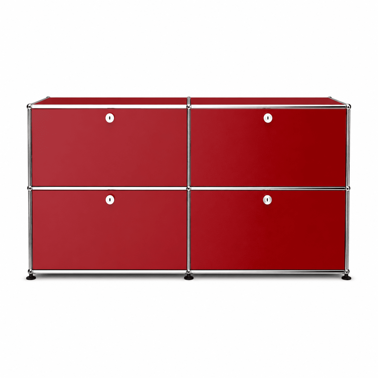 USM Haller Credenza E2 in red with chrome frame, four drop-down doors, round lock details, and modern modular storage design on a white background