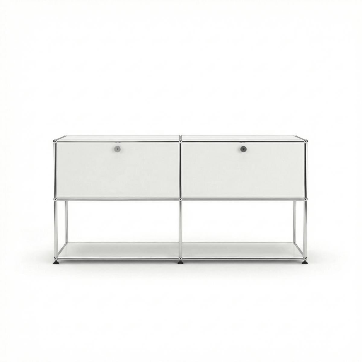 USM Haller Credenza F2 Storage in Pure White with chrome frame, front view on a white background