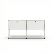 USM Haller Credenza F2 Storage in Pure White with chrome frame, front view on a white background