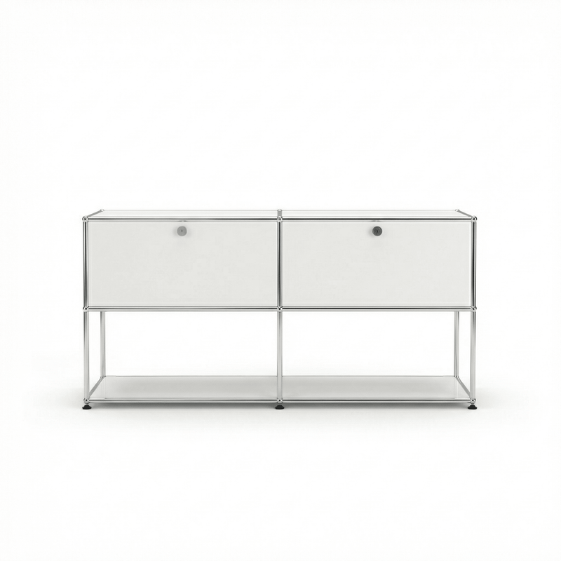USM Haller Credenza F2 Storage in Pure White with chrome frame, front view on a white background
