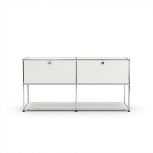 USM Haller Credenza F2 Storage in Pure White with chrome frame, front view on a white background