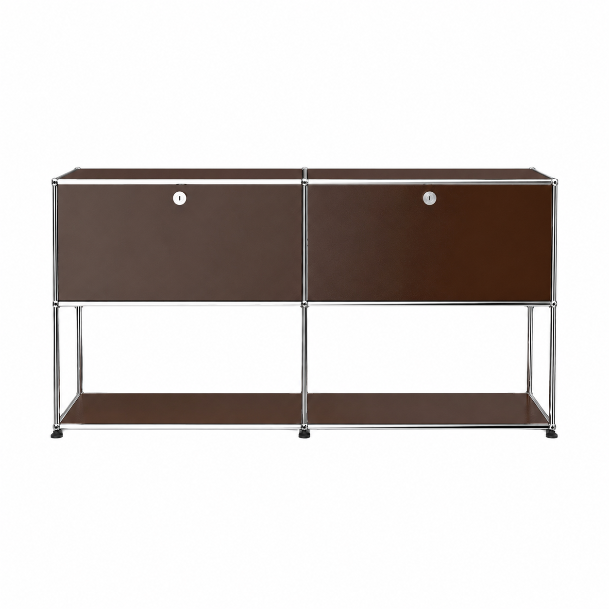 USM Haller Credenza F2 in USM brown with chrome frame, two drop-down doors, open lower shelf, and front view on white background