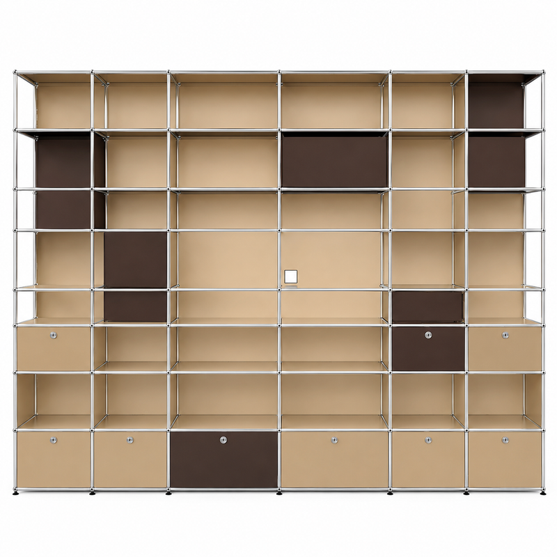 USM Haller Custom Wall Unit in USM Beige and USM Brown – front view
