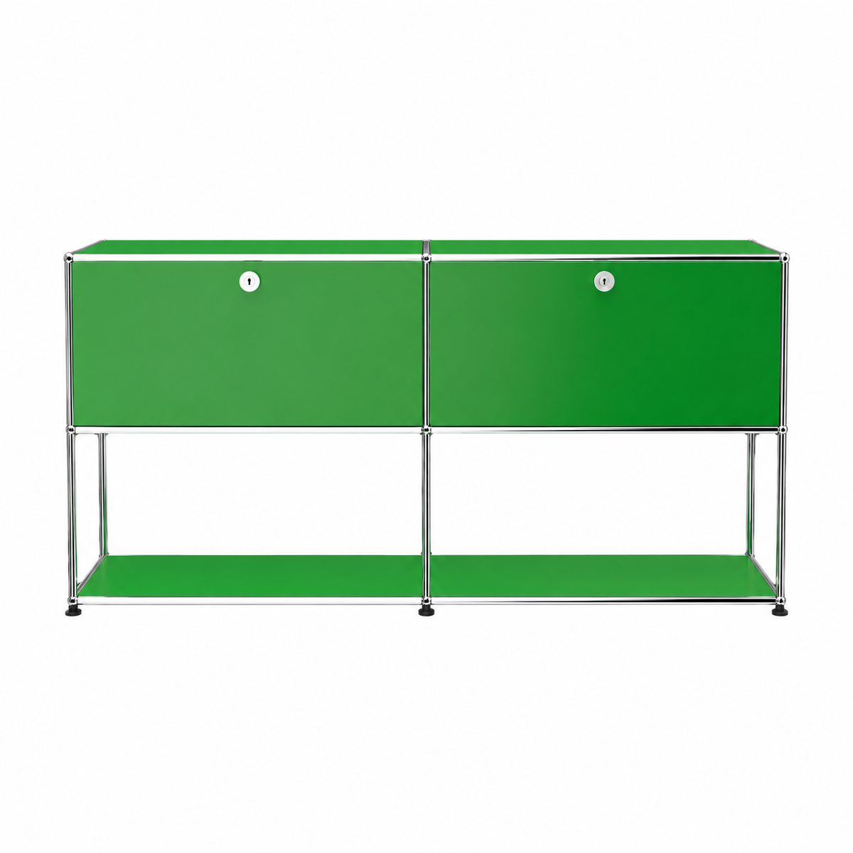 Green USM Haller Credenza F2 with two drop-down doors, chrome steel frame, and open base shelf on a white background.