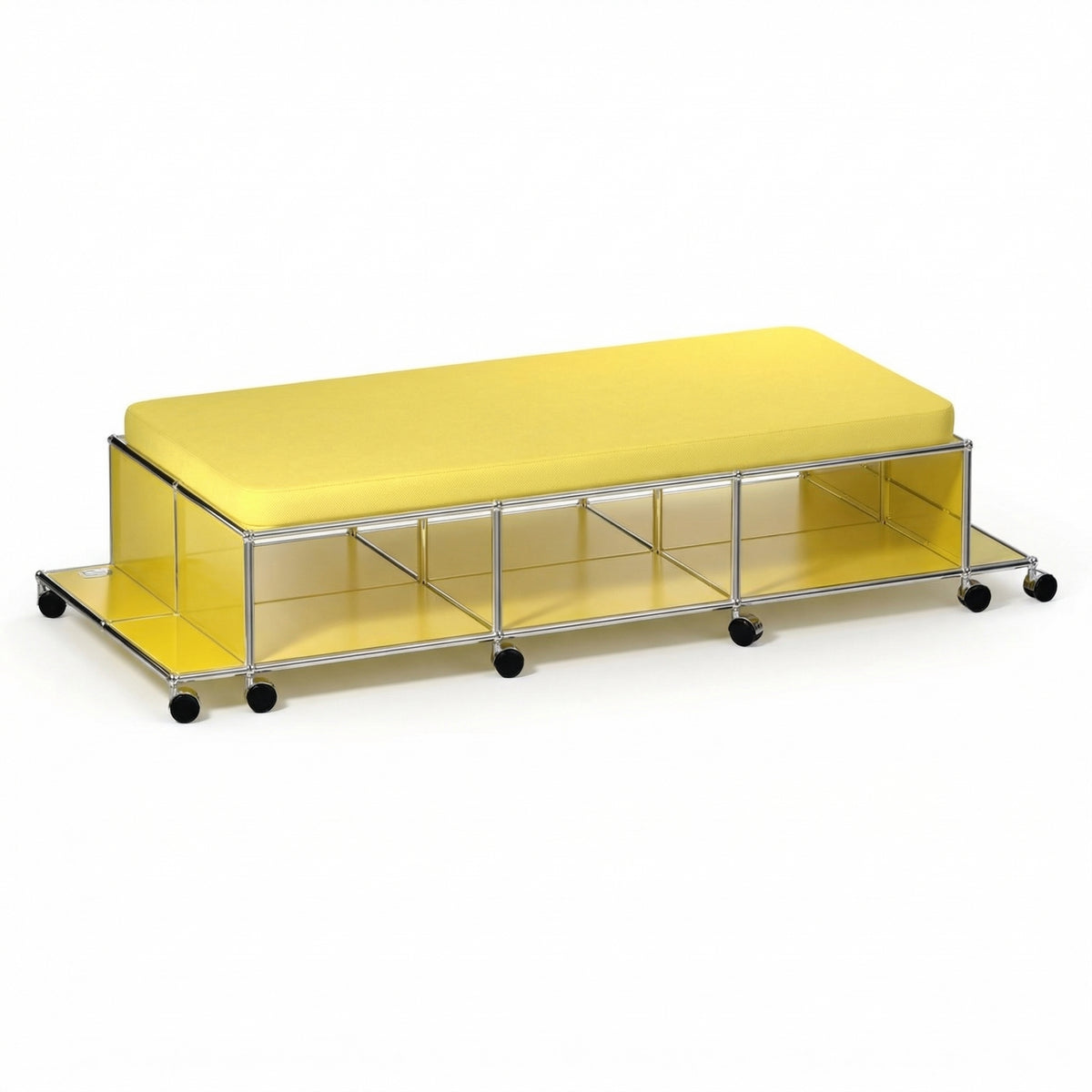 USM NYC Central Lounge bench in Soho Yellow with chromed steel frame and casters