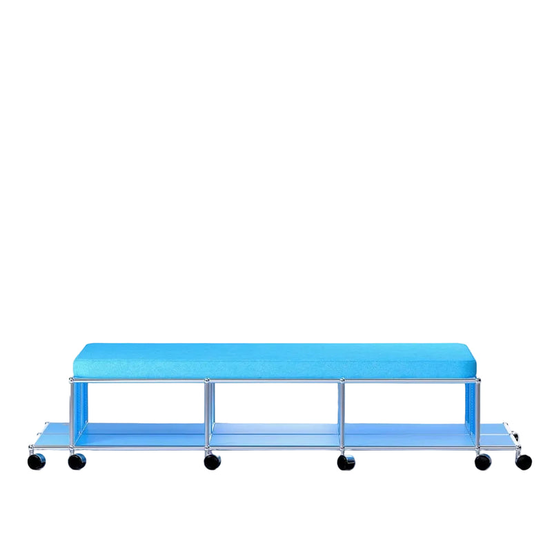Side view of USM NYC Central Lounge bench in Uptown Blue