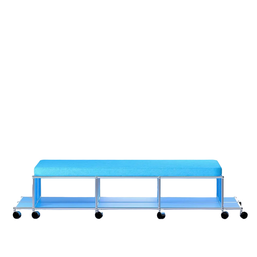 Side view of USM NYC Central Lounge bench in Uptown Blue