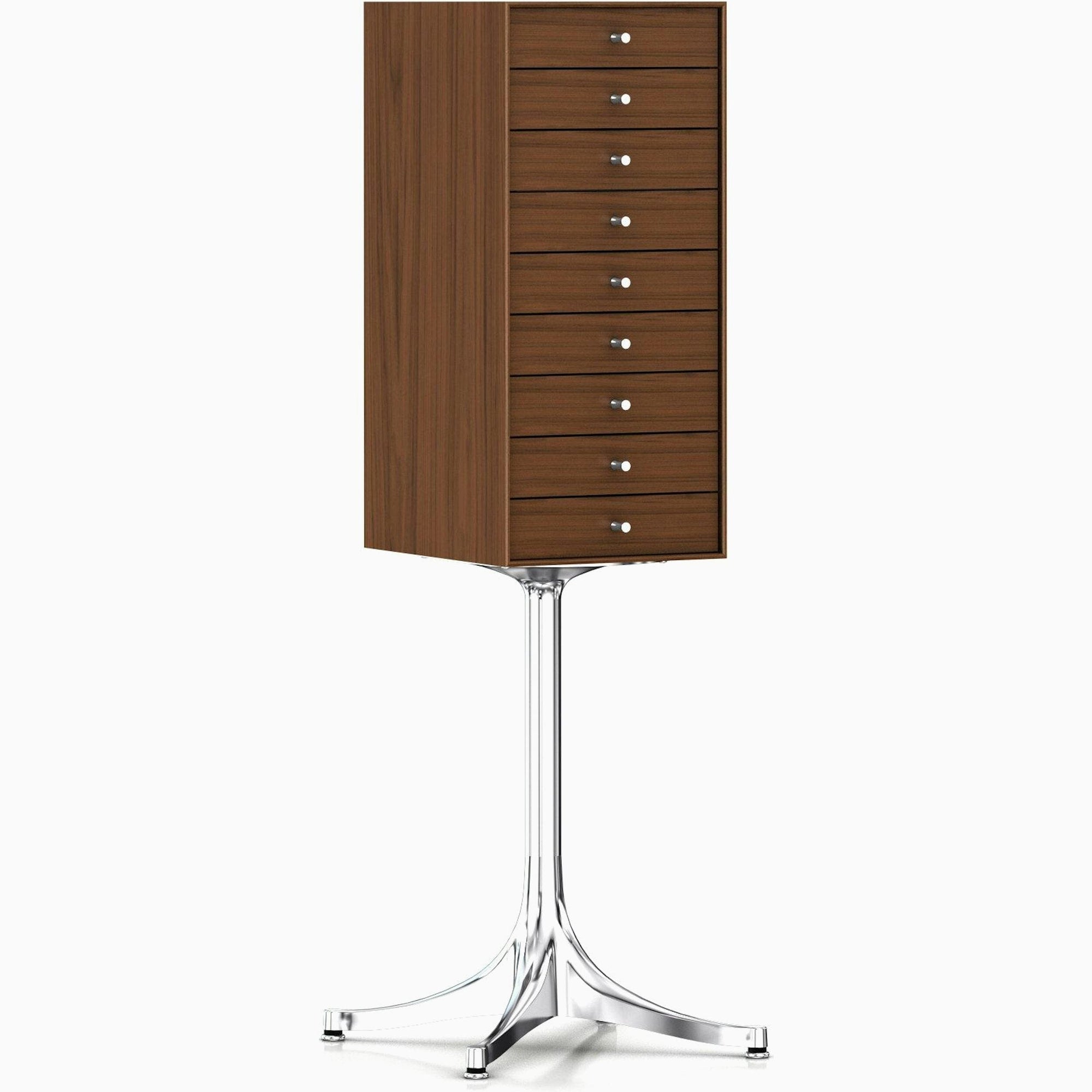 Nelson Miniature Chest 9 Drawer With Pedestal storage herman miller Walnut Polished Aluminum Base +$40.00 Polished Aluminum Pulls