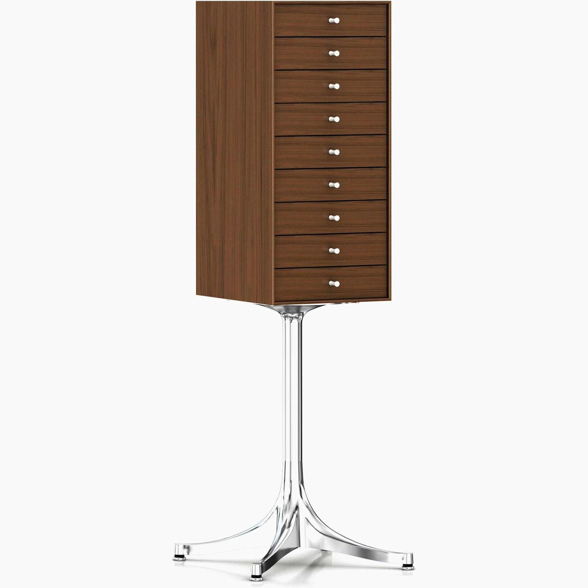 Nelson Miniature Chest 9 Drawer With Pedestal storage herman miller Walnut Polished Aluminum Base +$40.00 Studio White Pulls