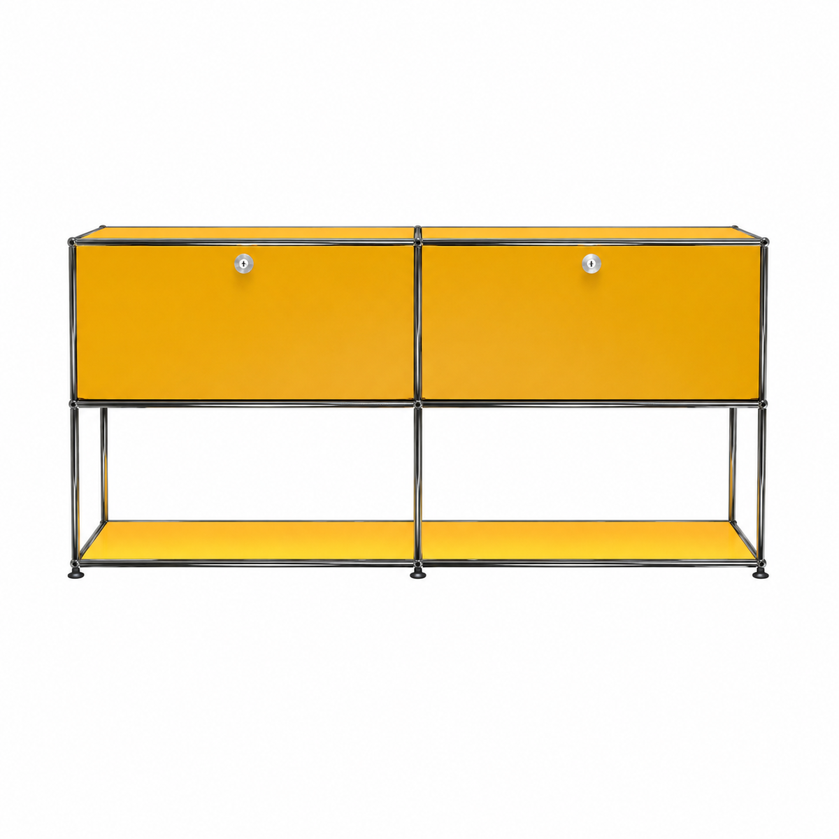 Yellow USM Haller Credenza F2 sideboard with two drop-down doors, chrome frame, and open lower storage shelf on a white background.
