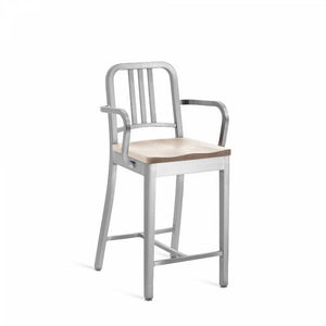 Emeco 1006 Navy Counter Stool With Wood Seat Side/Dining Emeco Hand-Brushed Ash With Arms