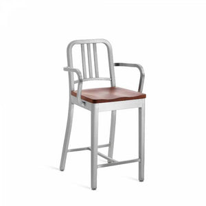 Emeco 1006 Navy Counter Stool With Wood Seat Side/Dining Emeco Hand-Brushed Cherry With Arms