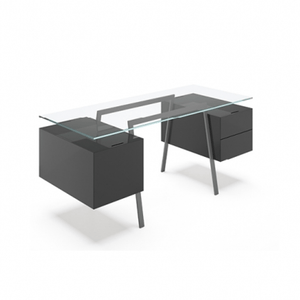 Homework 2 - Glass Top Desk's Bensen 2 Double Drawers Charcoal Hi-Gloss Lacquer Gun Metal Grey Legs