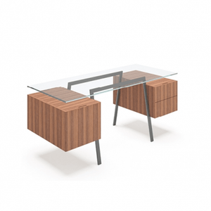 Homework 2 - Glass Top Desk's Bensen 2 Double Drawers Walnut Gun Metal Grey Legs