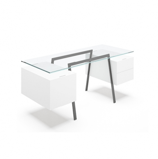 Homework 2 - Glass Top Desk's Bensen 2 Double Drawers White Hi-Gloss Lacquer Gun Metal Grey Legs