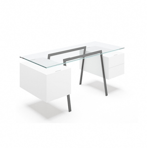 Homework 2 - Glass Top Desk's Bensen 2 Double Drawers White Hi-Gloss Lacquer Gun Metal Grey Legs
