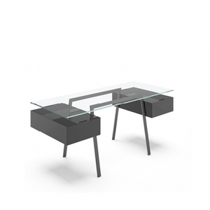 Homework 2 - Glass Top Desk's Bensen 2 Single Drawers Charcoal Hi-Gloss Lacquer Gun Metal Grey Legs