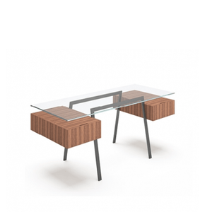 Homework 2 - Glass Top Desk's Bensen 2 Single Drawers Walnut Gun Metal Grey Legs