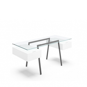 Homework 2 - Glass Top Desk's Bensen 2 Single Drawers White Hi-Gloss Lacquer Gun Metal Grey Legs