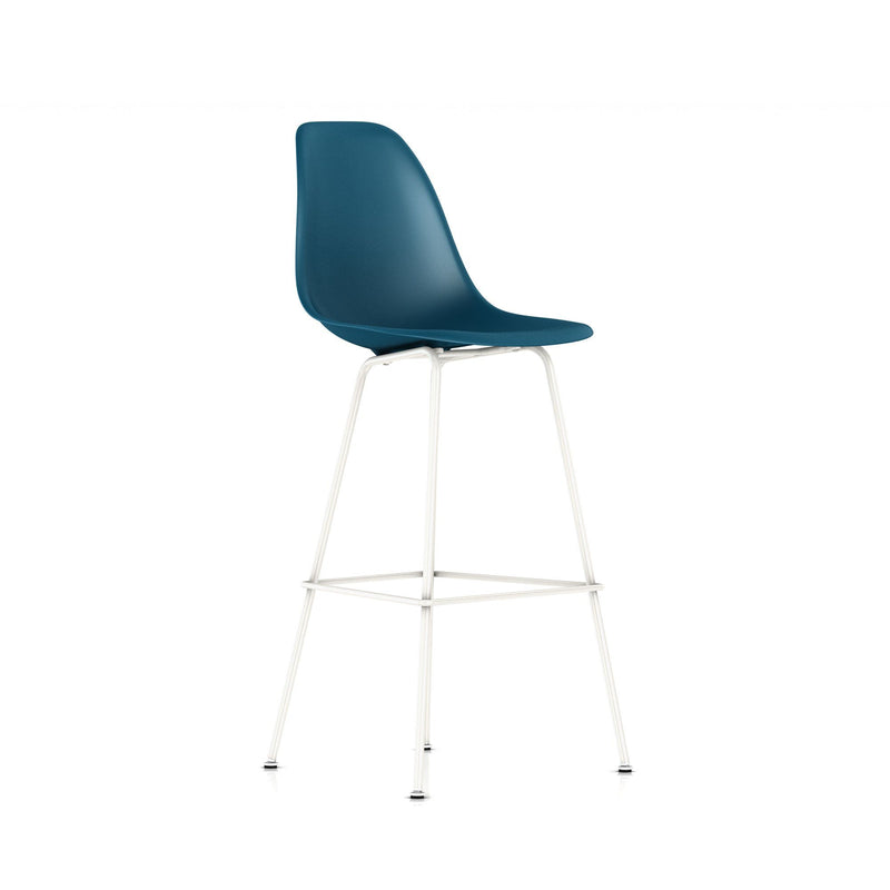 Eames Molded Plastic Bar Stool bar seating herman miller White Base Frame Finish Peacock Blue Standard Glide With Felt Bottom + $20.00