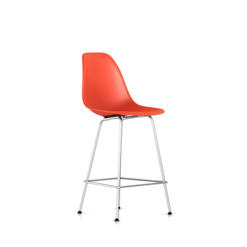 Eames Molded Plastic Counter Stool bar seating herman miller Trivalent Chrome Frame Finish + $40.00 Red Orange Standard Glide With Felt Bottom + $20.00