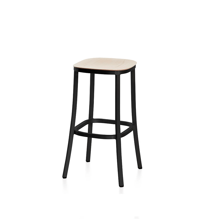 Emeco 1 Inch Stool Wood Seat Stools Emeco Bar: 29.9&quot; Dark Powder Coated Aluminum Ash