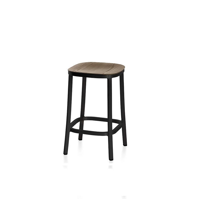 Emeco 1 Inch Stool Wood Seat Stools Emeco Counter: 24.4&quot; Dark Powder Coated Aluminum Walnut
