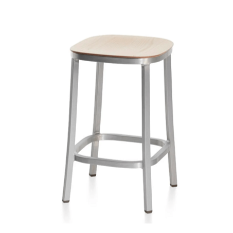 Emeco 1 Inch Stool Wood Seat Stools Emeco Counter: 24.4&quot; Hand Brushed Aluminum Ash