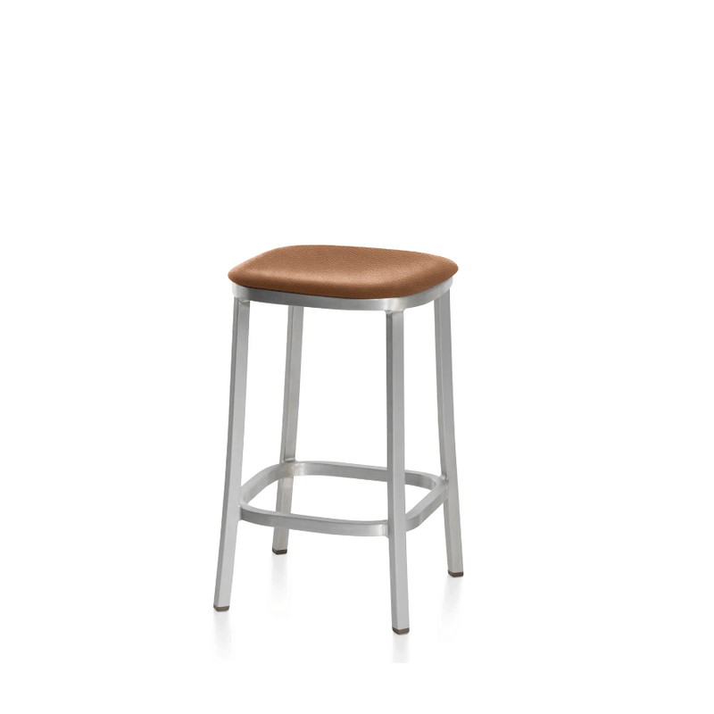 Emeco 1 Inch Upholstered Stool Stools Emeco Counter Height Hand Brushed Aluminum Leather Spinneybeck Volo Tan