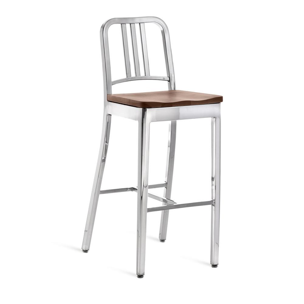 Emeco 1104 Navy Bar Stool With Wood Seat bar seating Emeco Hand-Polished Walnut No Arms