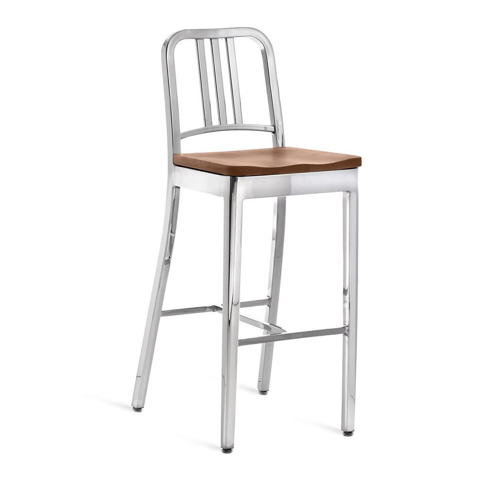 Emeco 1104 Navy Bar Stool With Wood Seat bar seating Emeco Hand-Polished White Oak No Arms