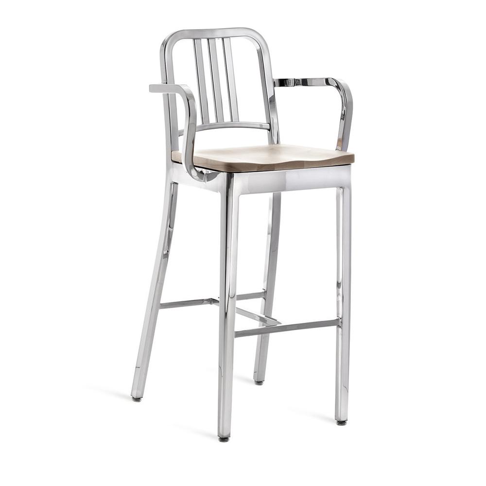 Emeco 1104 Navy Bar Stool With Wood Seat bar seating Emeco Hand-Polished Ash With Arms