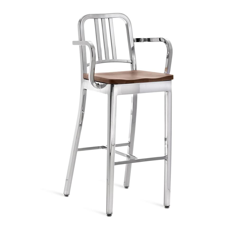 Emeco 1104 Navy Bar Stool With Wood Seat bar seating Emeco Hand-Polished Walnut With Arms